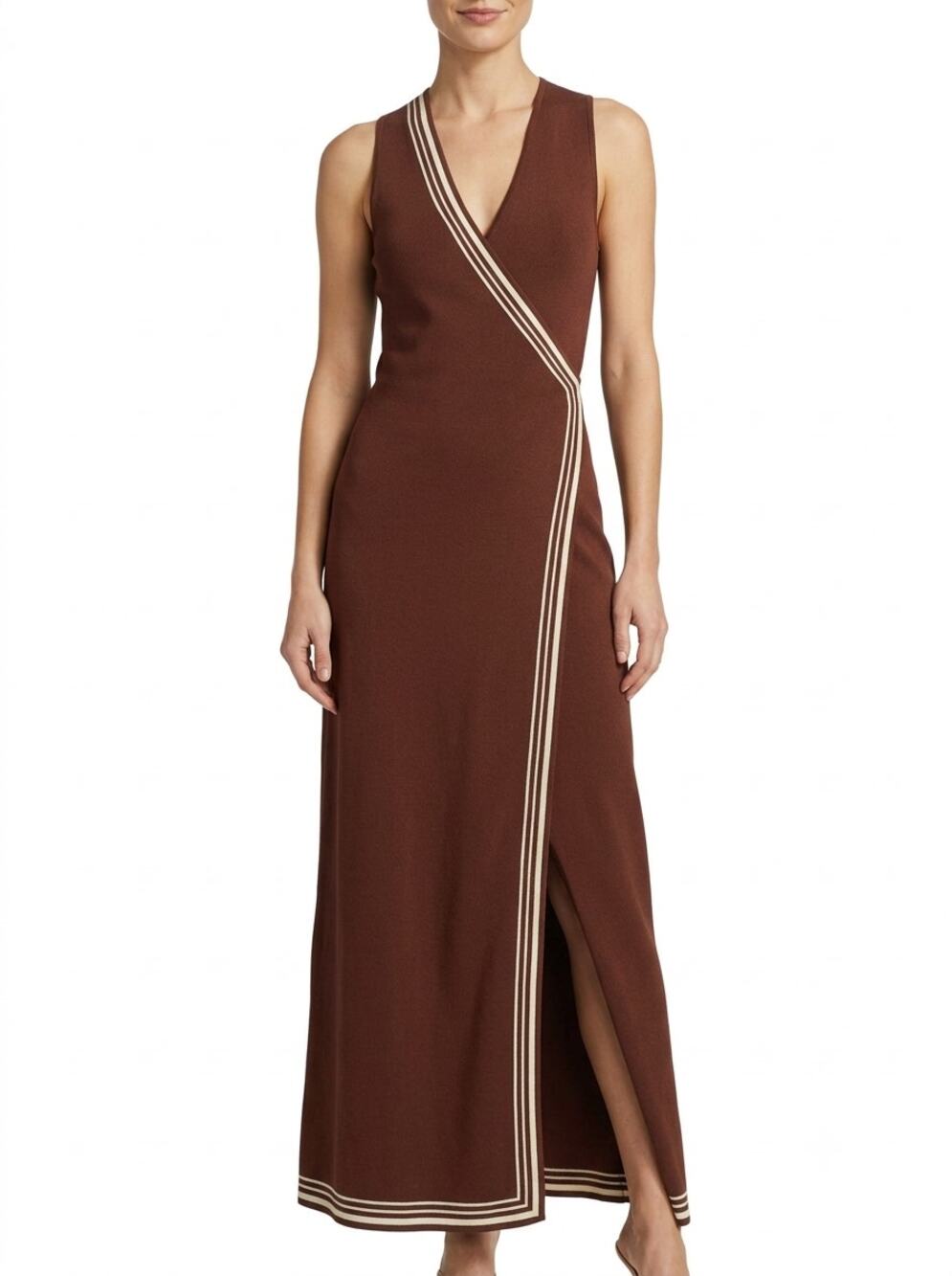 MØN RENN Esplanade Knit Maxi Dress Women's M Raisin Brown Wrap Slit Hem Classic